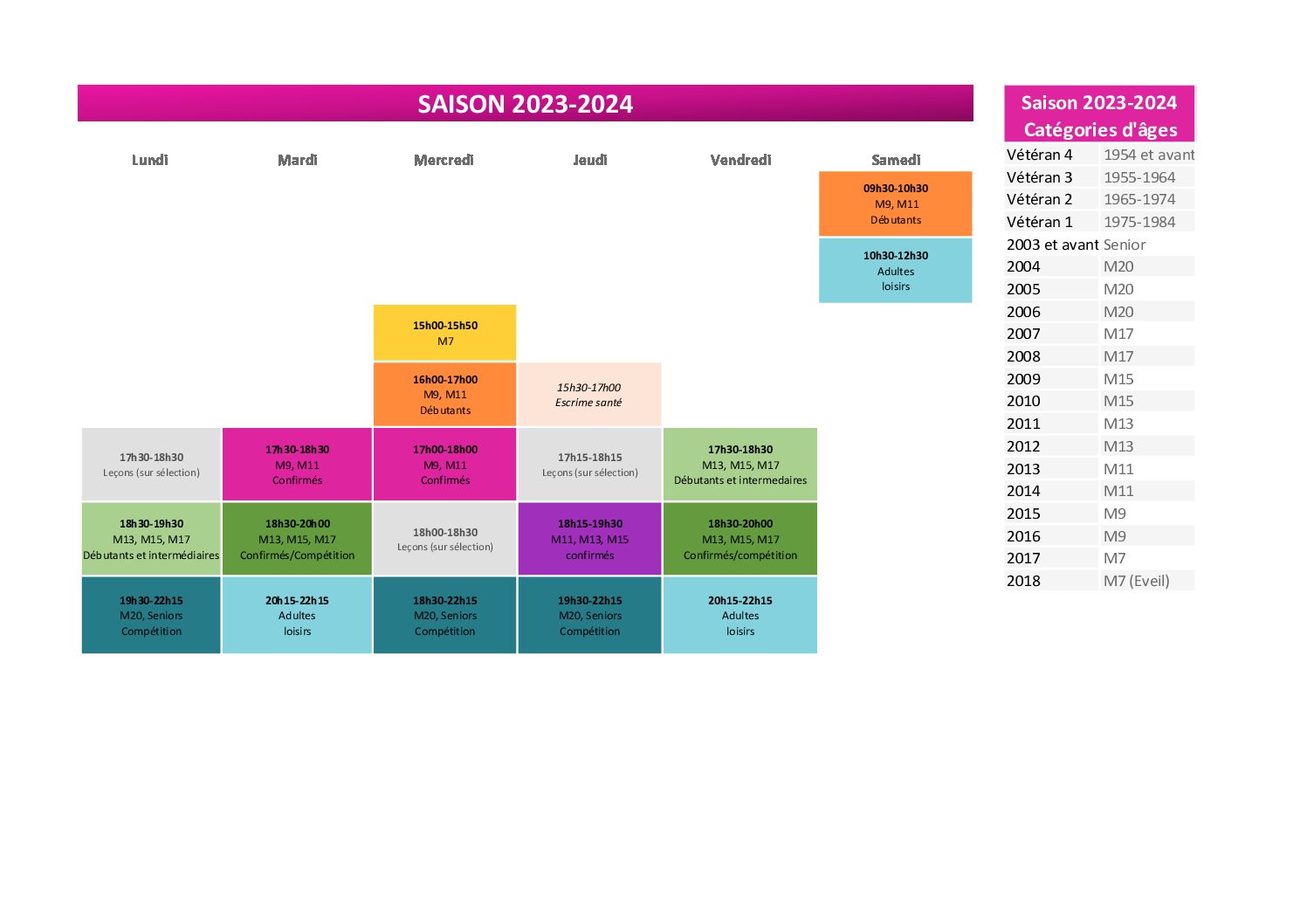 Horaires 2023-2024 et nouveau planning !!!